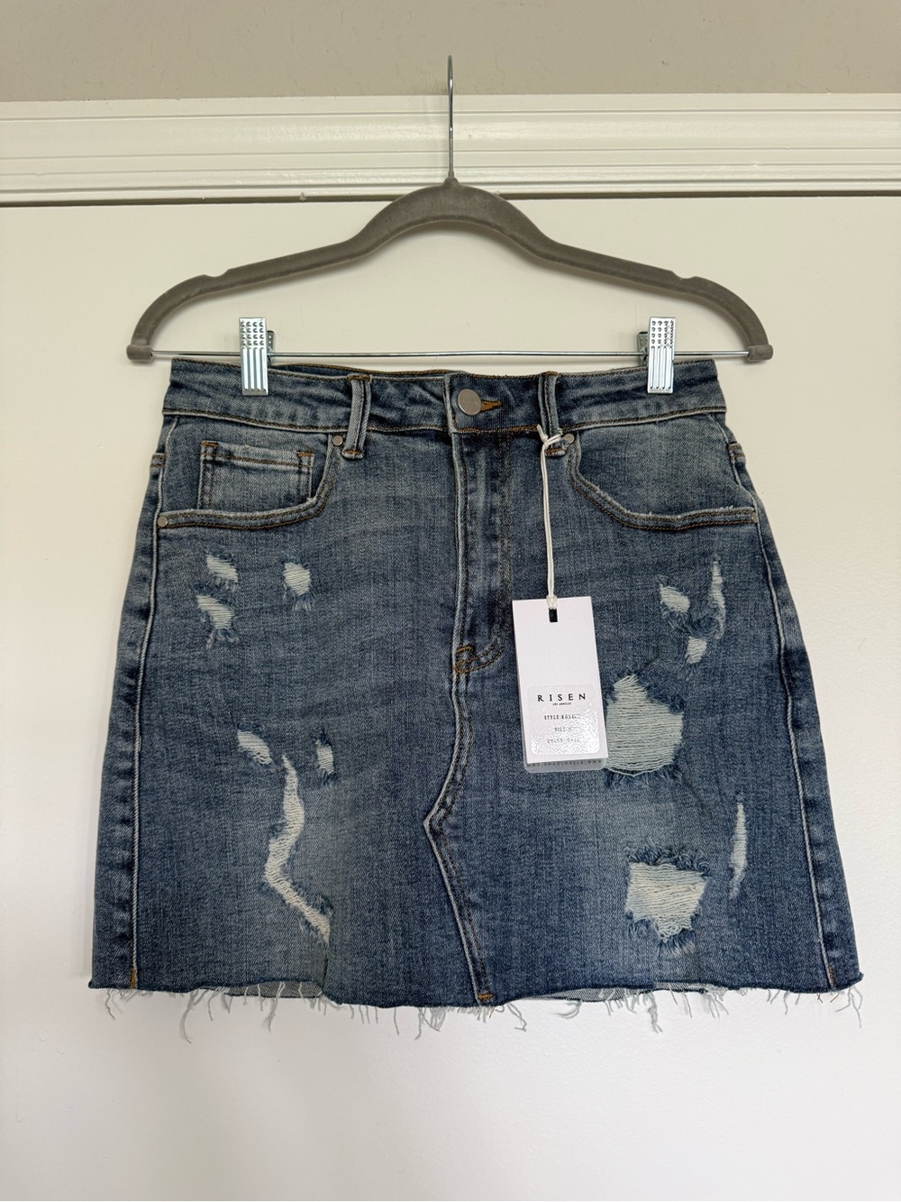 Risen Distressed Dark Blue Denim Mini Skirt
